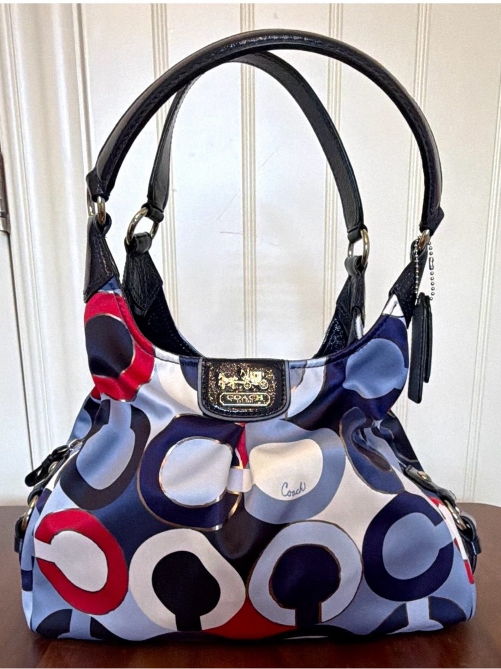 Coach Multicolor Circle-Print Op Art Style Hobo Shoulder Bag Leather/Satin